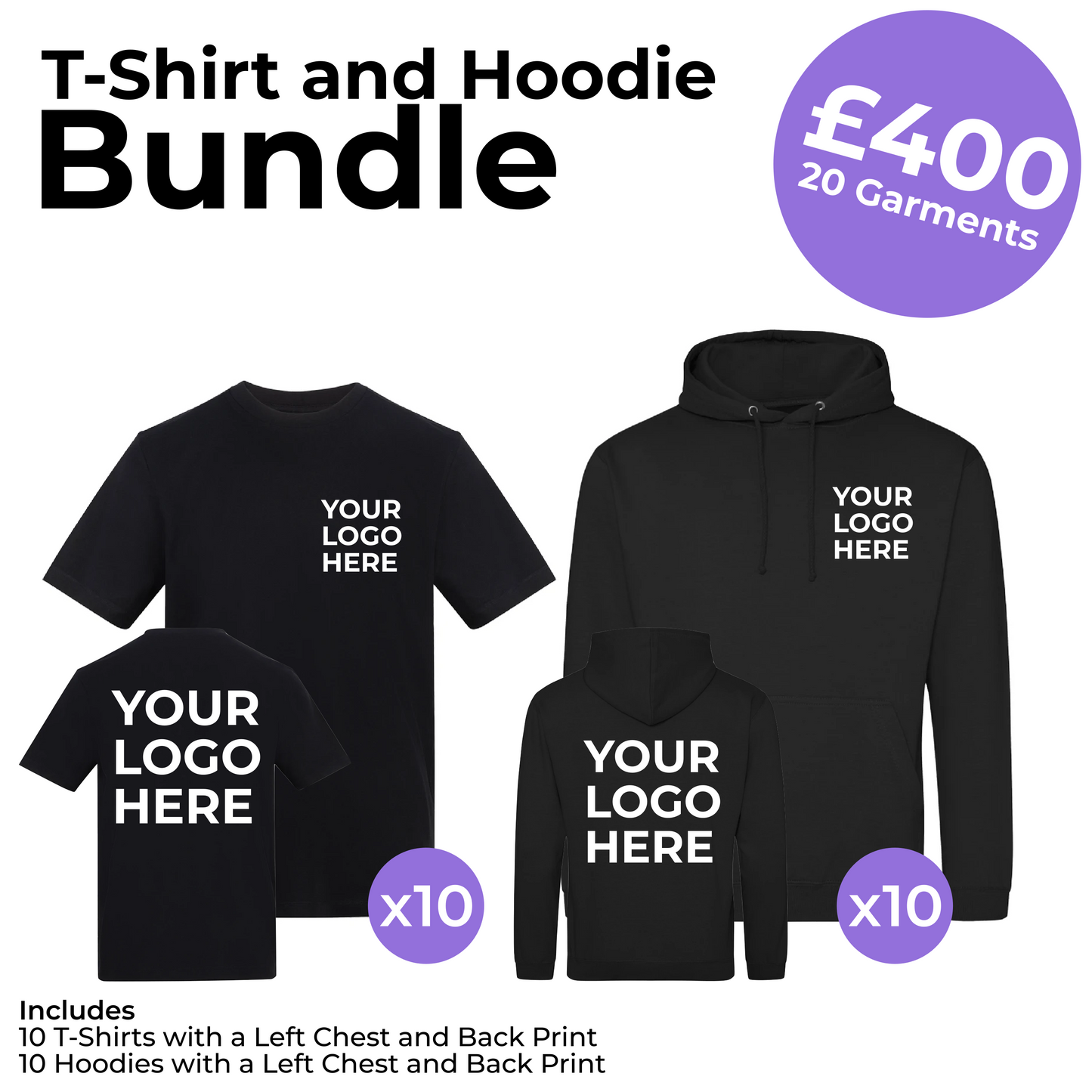 10 T-Shirts and 10 Hoodies Left Chest and Back Print Bundle