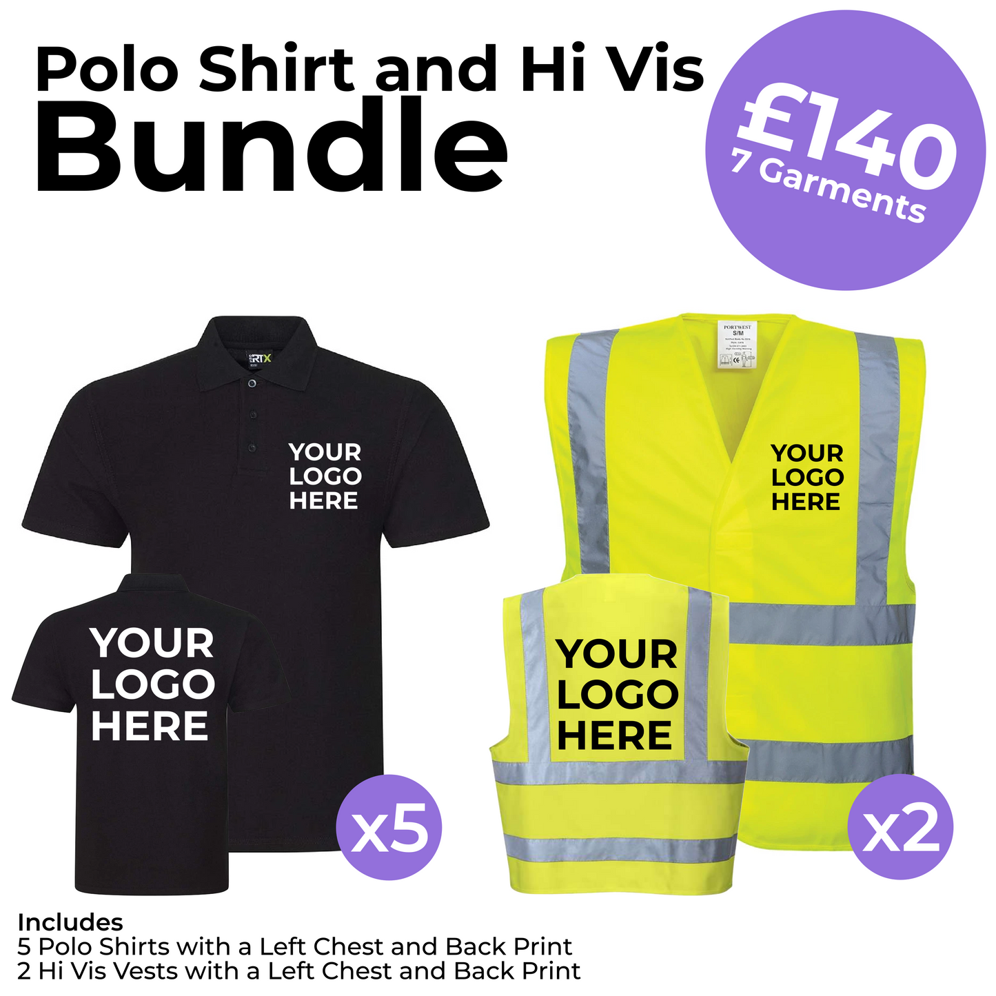 5 Polo Shirts and 2 Hi-Vis Left Chest and Back Print Bundle