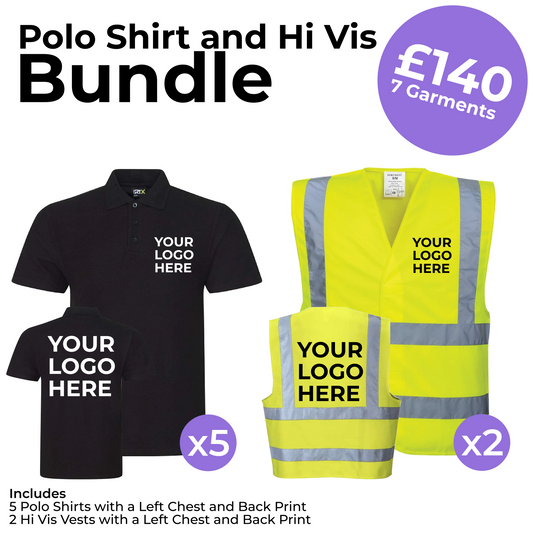5 Polo Shirts and 2 Hi-Vis Left Chest and Back Print Bundle