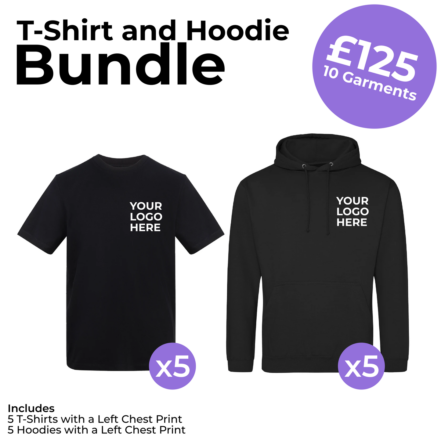 5 T-Shirts and 5 Hoodies Left Chest Print Bundle