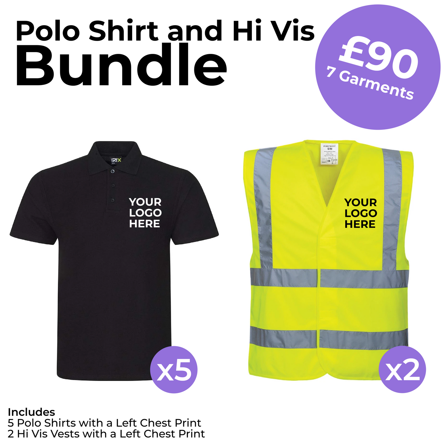 5 Polos and 2 Hi-Vis Left Chest Print Bundle